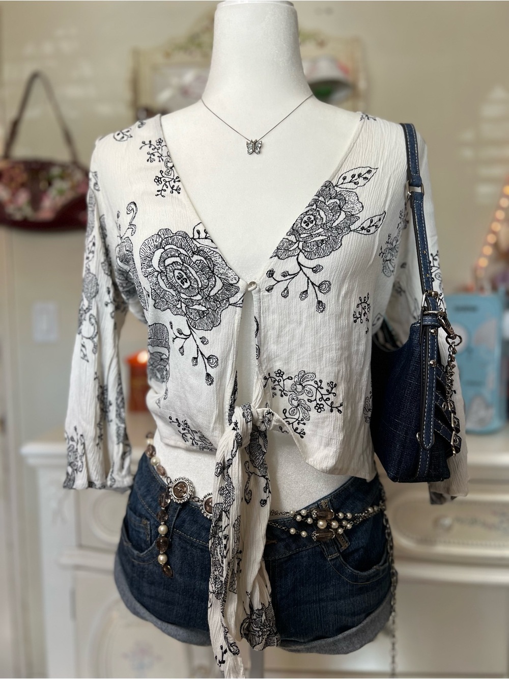 BE COOL White Tie-Front Floral Blouse with Black Print